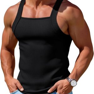Mens Ribbed Knit Tank Tops Casual Sleeveless Slim Fit Shirts Summer Beach Workout Muscle Gym Tee