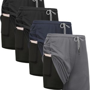 4 Pack Mens 2 in 1 Running Workout Shorts with Liner, Gym Athletic Quick Dry Sport Shorts with Pockets
